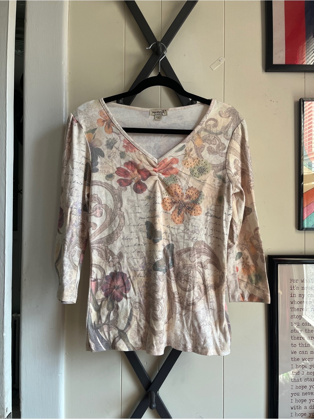 Vintage Y2K Floral V-Neck Long Sleeve Top - Neutral Multicolor